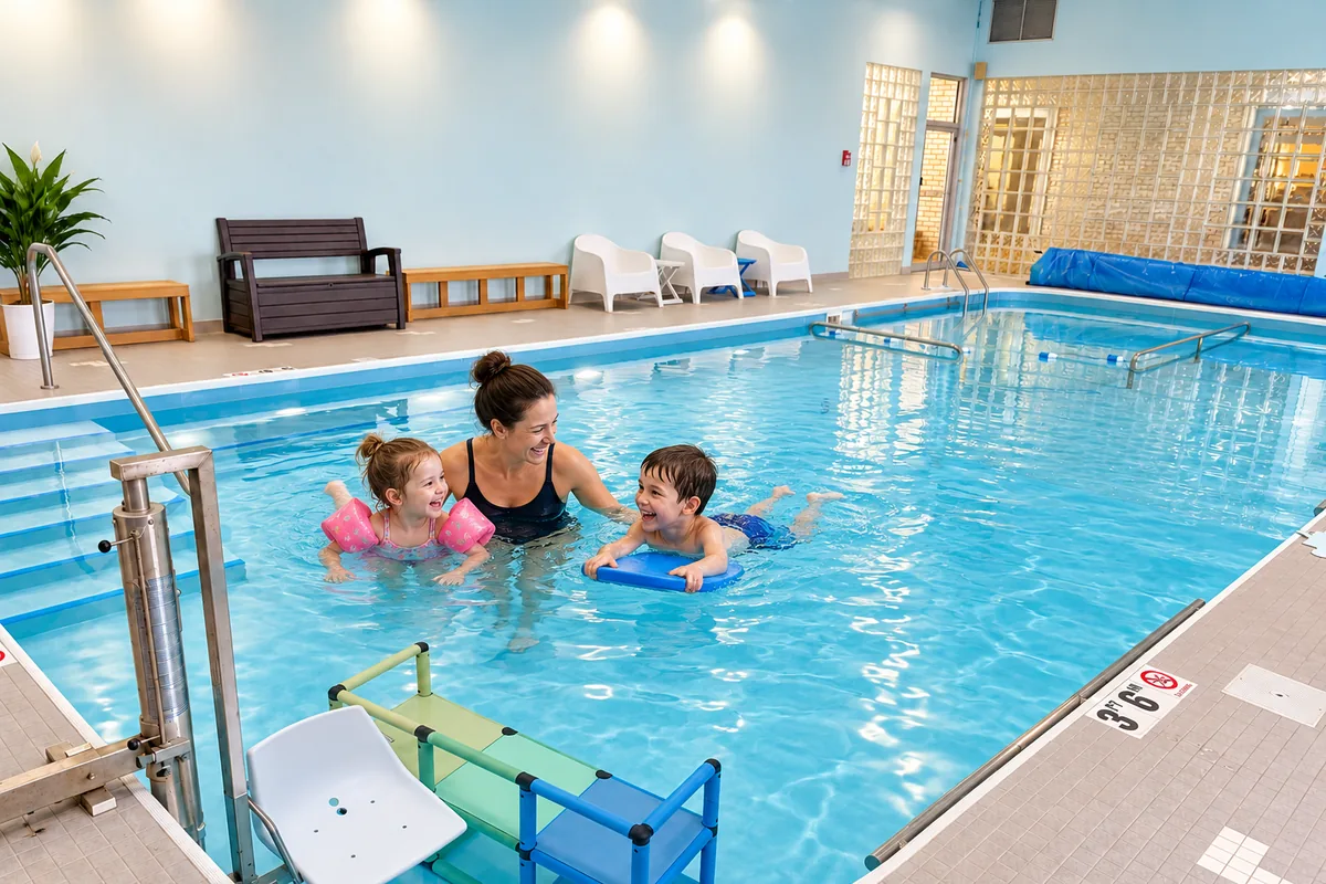 A parent and two children playing with floaties and a kickboard at Family Swim