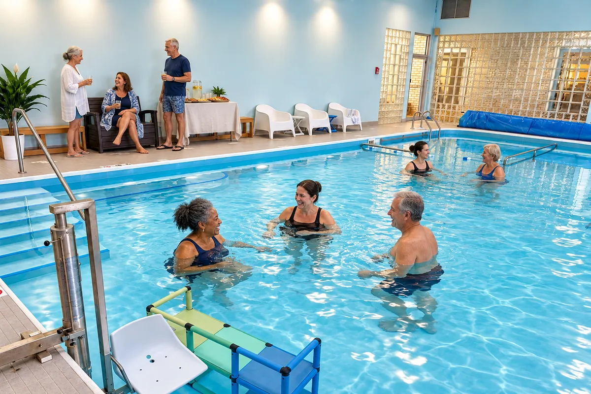 Guests gathered by the pool deck snack table at a special event